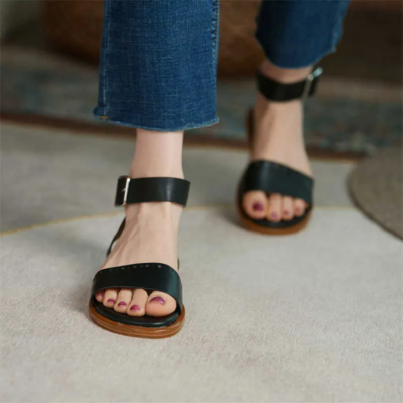 Meotina Womens Genuine Leather Ankle Strap Flat Block Heel Sandals Round  Toe Cow Leather Footwear For Summer Black From Lu09, $37.28