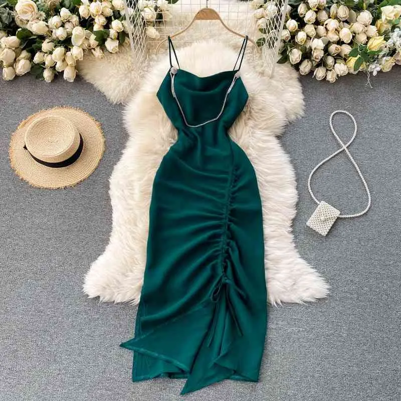 Summer Dinner dress high-quality rhinestone sling party sexy strapless drawstring pleated hip Dress for women Office Lady 210420