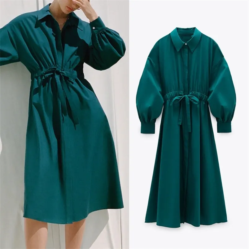 Sukienka Damska Koszula Zielony Midi Długie Rękawy Jesień Plus Rozmiar Luźne Ladies Es featuring elastycznej talii 210519