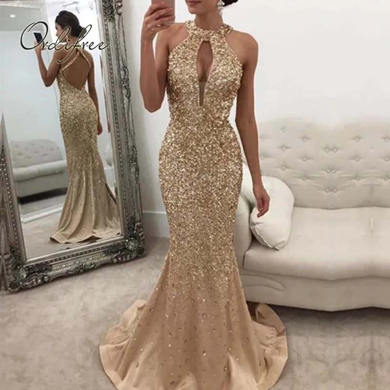 Summer Women Long Party Off Shoulder Sexy BodyCon Gold Sequin Maxi Dress 210415