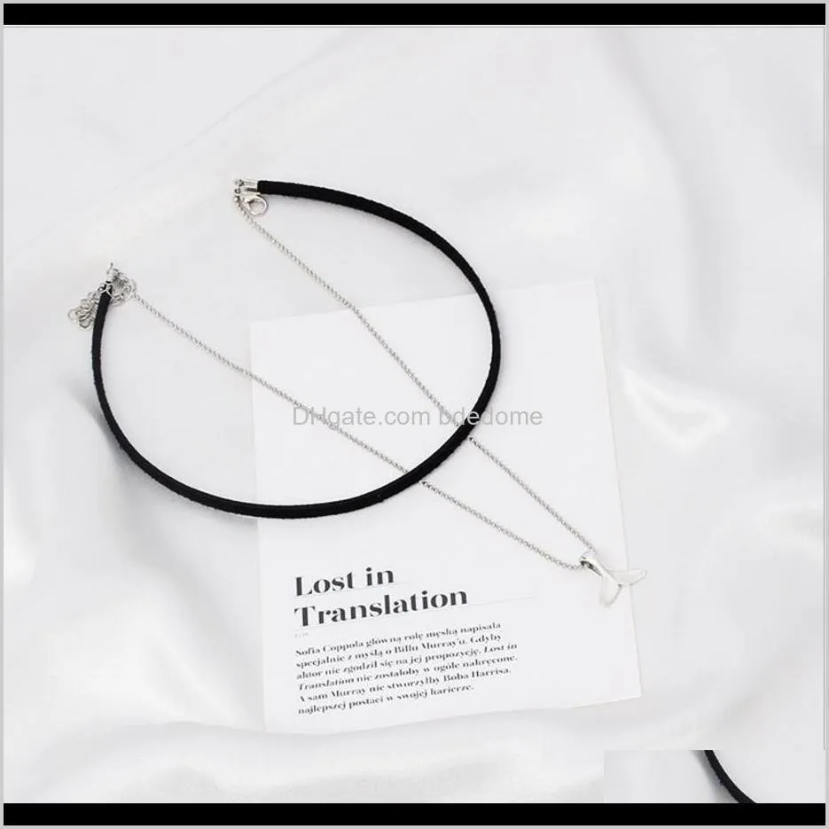 fashion two layer necklace korean velvet leather cord black color choker fish tail pendant metal chain silver plated