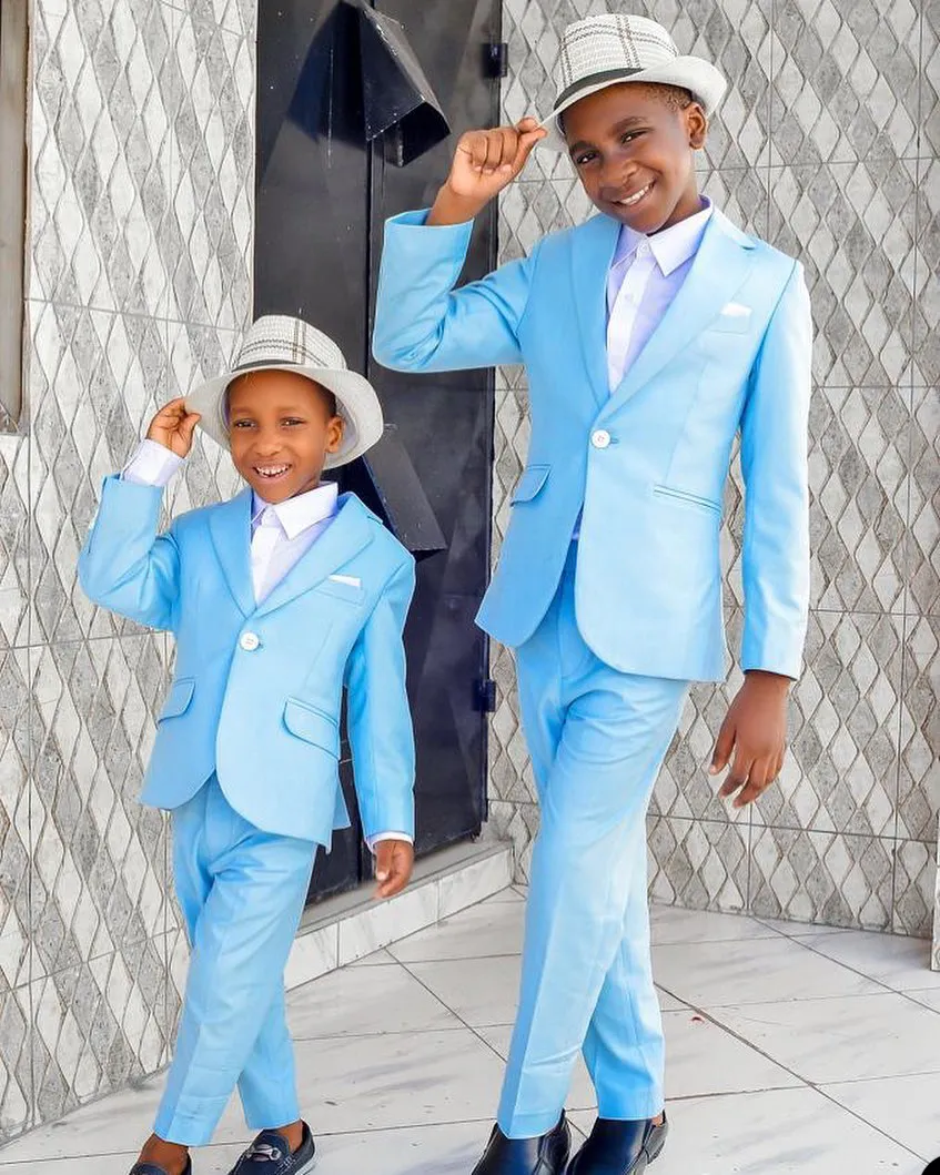 Sky Blue Boy Formal Suits Wear Diner Tuxedos Little Boys GroomsMen Kids for Wedding Party Avond Suit Wear (Jack + Pant)