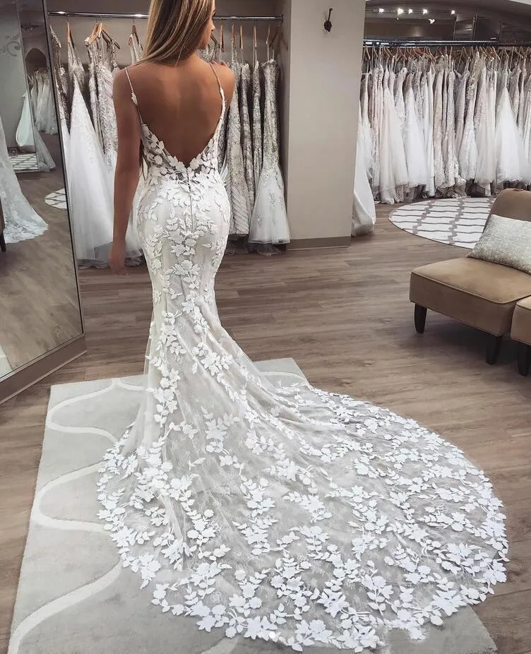 Sexy Backless Lace Mermaid Wedding Dress Spaghetti Strap V Neck Appliques  Wedding Gowns Pretty Long Bridal Dresses Custom Made - AliExpress