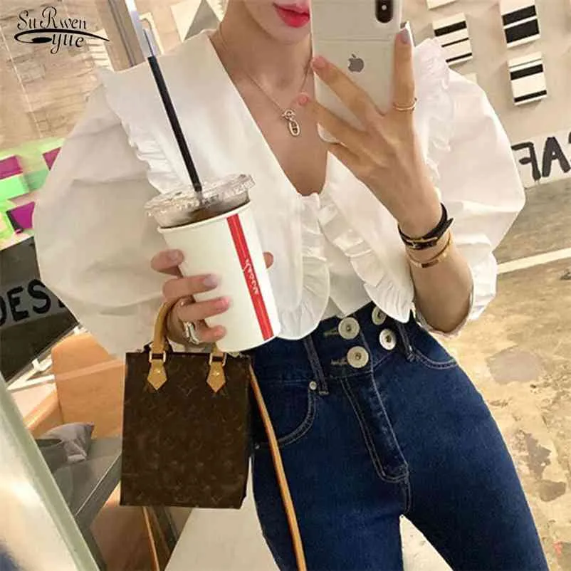 Słodki Peter Pan Collar Ruffled White Shirt Puff Krótki rękaw Moda Topy Koreański Kobiety Luźne Bluzki i Koszule Blusas 14253 210521