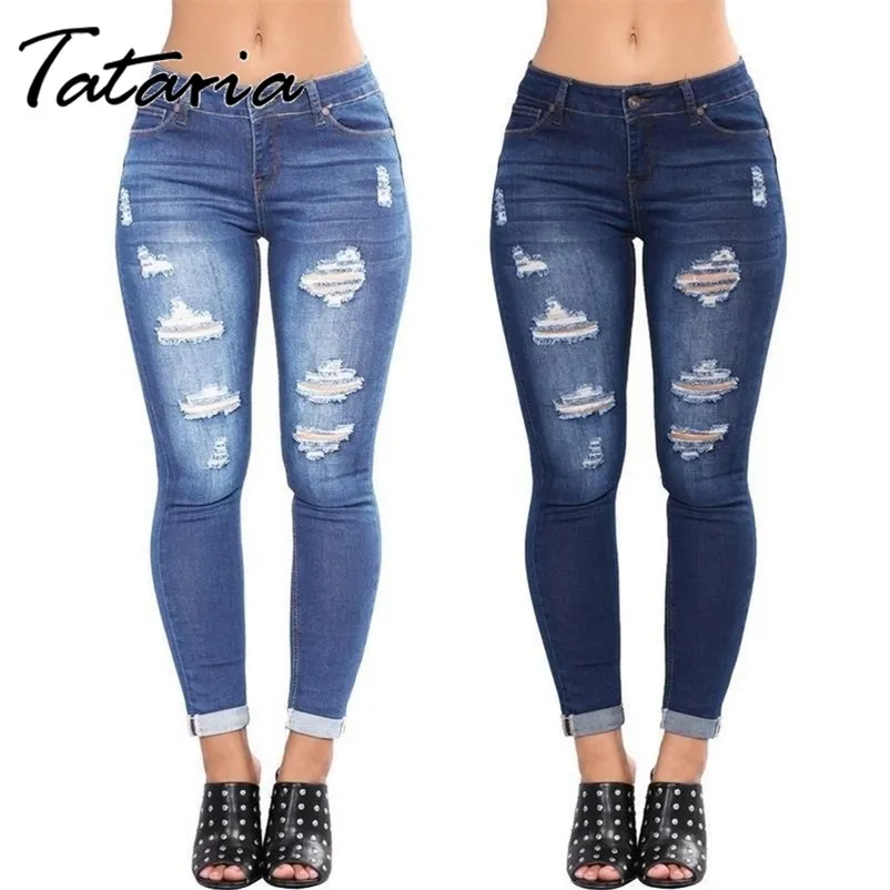 Jeans rasgados para mulheres cintura alta magro Denim Moda Primavera Calças de lápis Plus Size Bolso Calças 210514