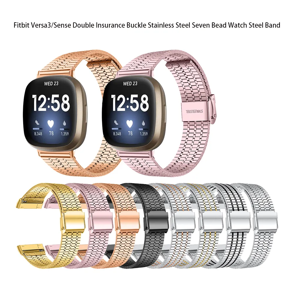 For Fitbit Versa3 Sense Strap Metal Bracelet Double Insurance Buckle Stainless Steel Seven Bead Watch Band Watchband Versa 3 Smart Accessories