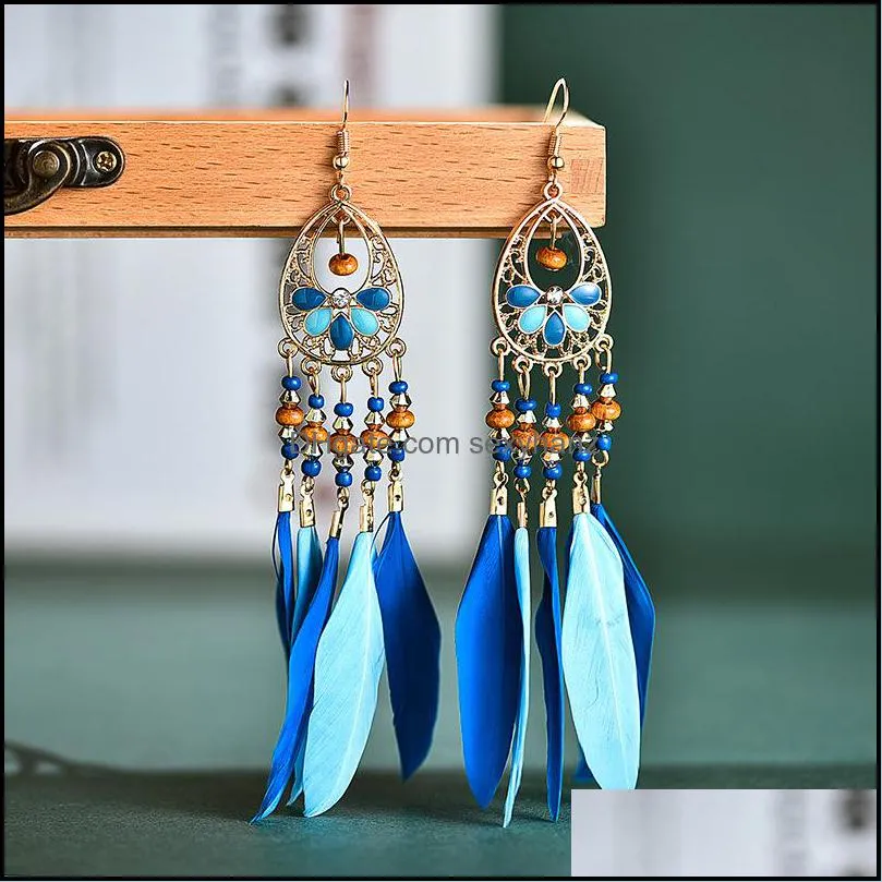 S1470 Bohemian Fashion Jewelry Vintage Feather Earrings Handmade Beads Dangle Feather Tassel Earrings