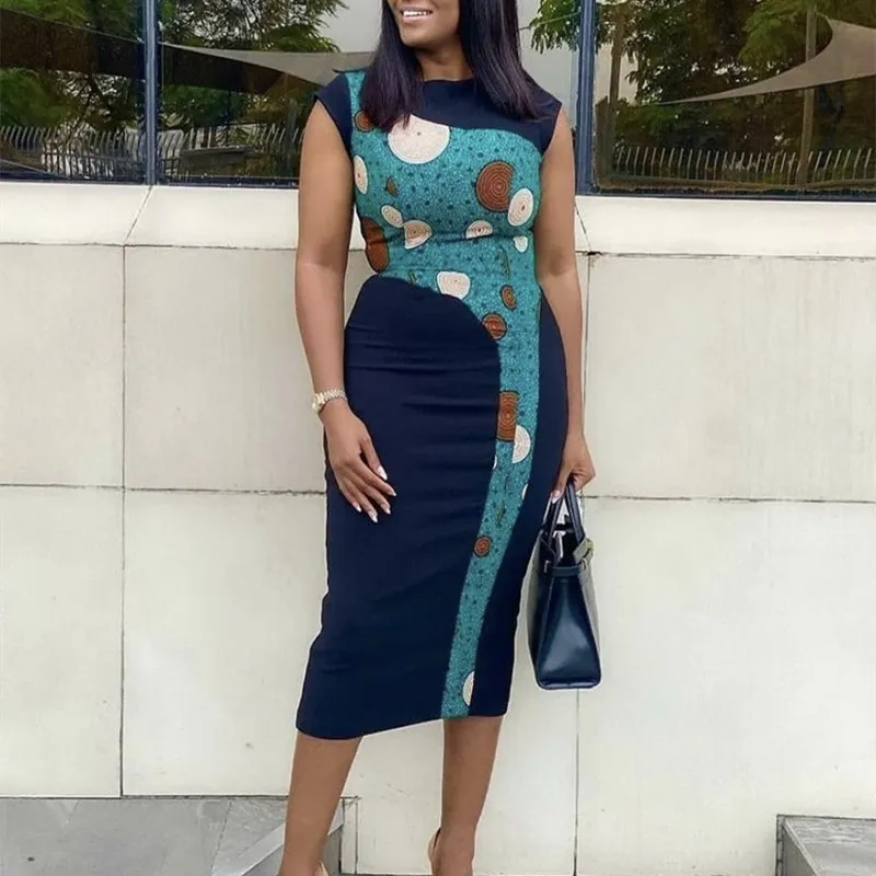Women Summer Print African Day Dresses Elegant Body con Navy Blue Cap Sleeve O Neck Office Ladies Robes Dropshiping 210527