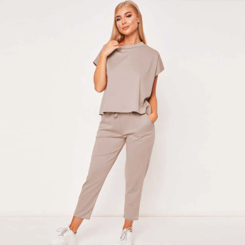 Lounge Wear Summer Pink Two Piece Outfits Pants Set Tracksuit Women Vetement Femme T-shirts Conjunto Mujer Moda 2020 Plus Size Y0702