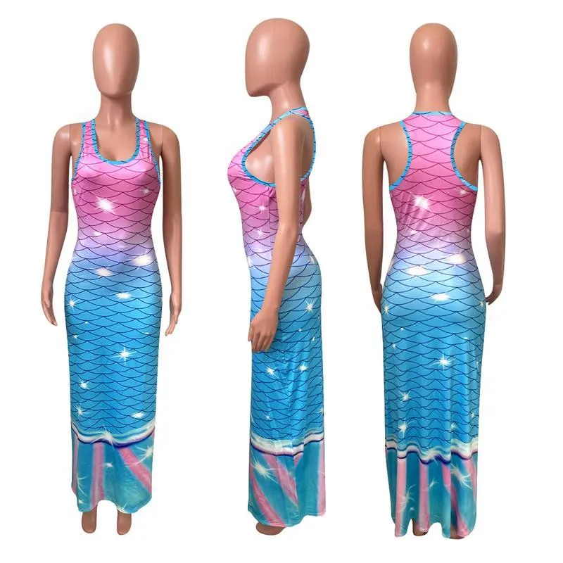 Casual Dresses Summer Dress without sleeve camisole vest Two color positioning printing on fish scales woman's clothing Plus Size S/M/L/XL/2XL