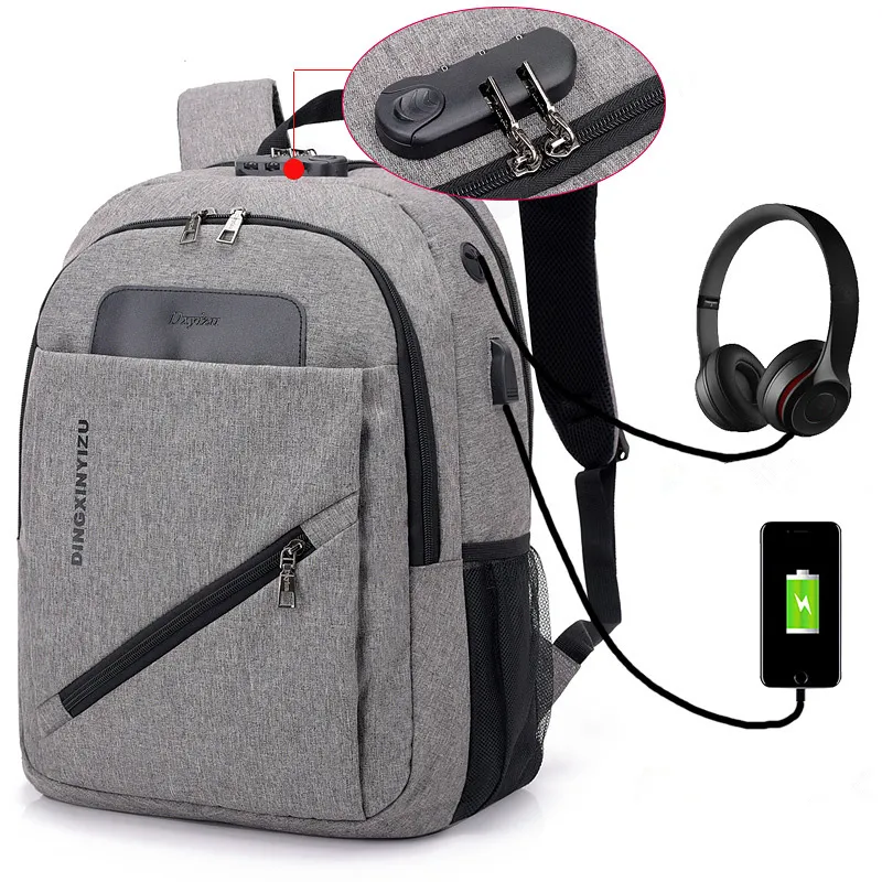 Luxury Anti-thyt USB Laddning Travel Ryggsäckar Män Kvinnor Datorväska Lösenord Lås Högkapacitet Laptop Ryggsäck School Bags