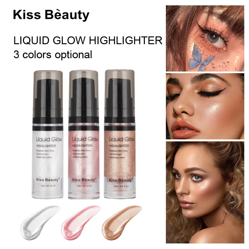 Kiss Beauty Liquid Glow Surligneur Visage et Corps Highlight Illuminateur Crème Shimmer éclaircit la peau Maquillage Fond de Teint Lisse Perle Blanc lumière douce Poudre Or