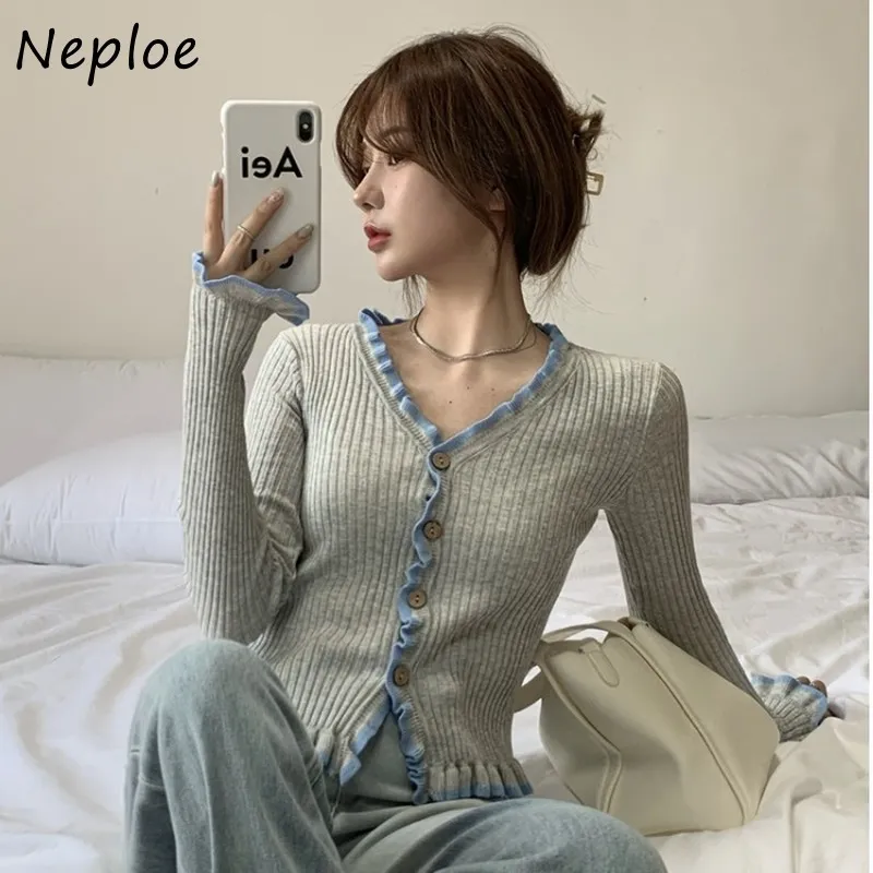 NEPLOE O Neck Wooden Ear Patchwork Hit Färg Sticka Sweater Cardigans Kvinnor Långärmad Single Bröst Slim Vestido Sueter 210510