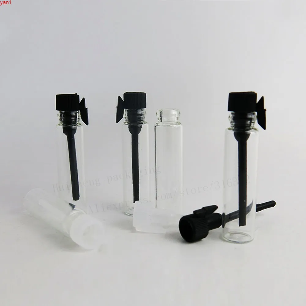100 x 1mlミニガラス香水瓶小さなパルフサンプルバイアルのテスタートライアルの香水が付いている透明な黒止め具Highqty