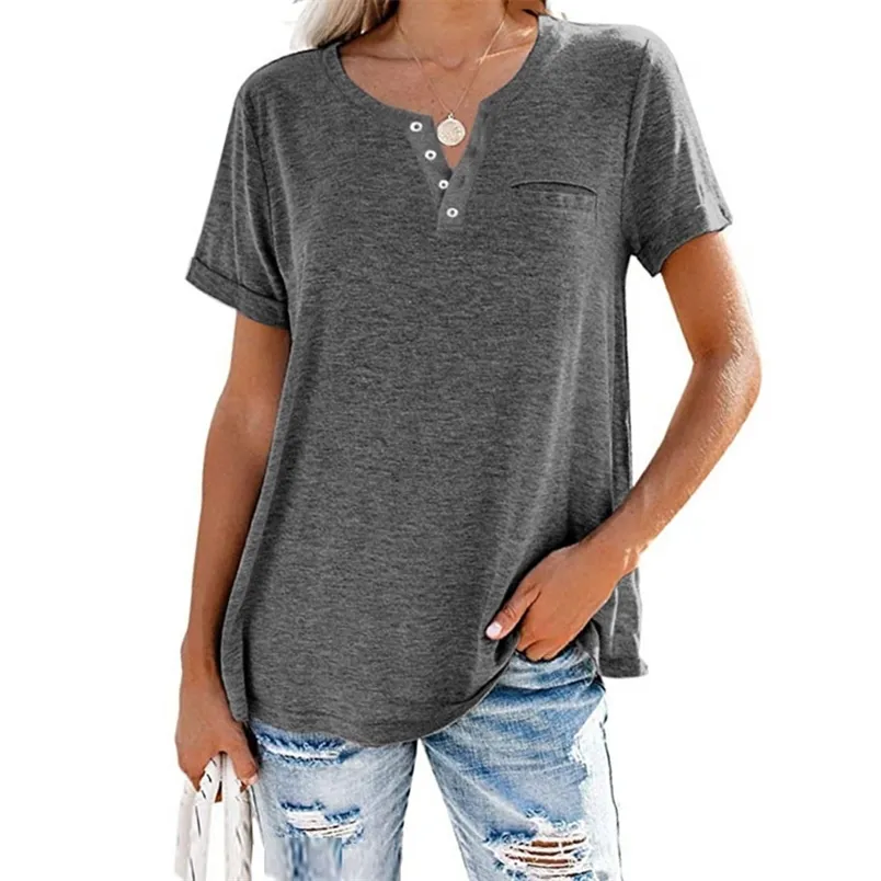 T-shirt da donna moda tinta unita con scollo a V T-shirt slim estate manica corta tasche sul petto top casual nero blu 210522