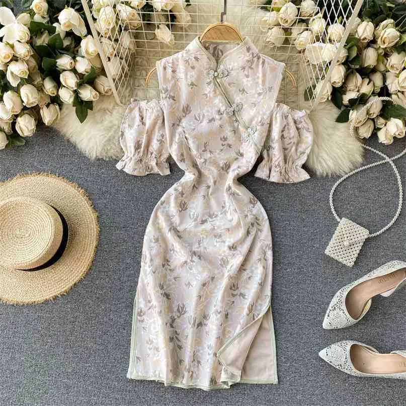 Kobiety Moda Stojak Neck Krótki Rękaw Slim Split Cheongsam Dress Lady Eleganckie Vintage Odzież Vestidos de Mujer Q966 210527