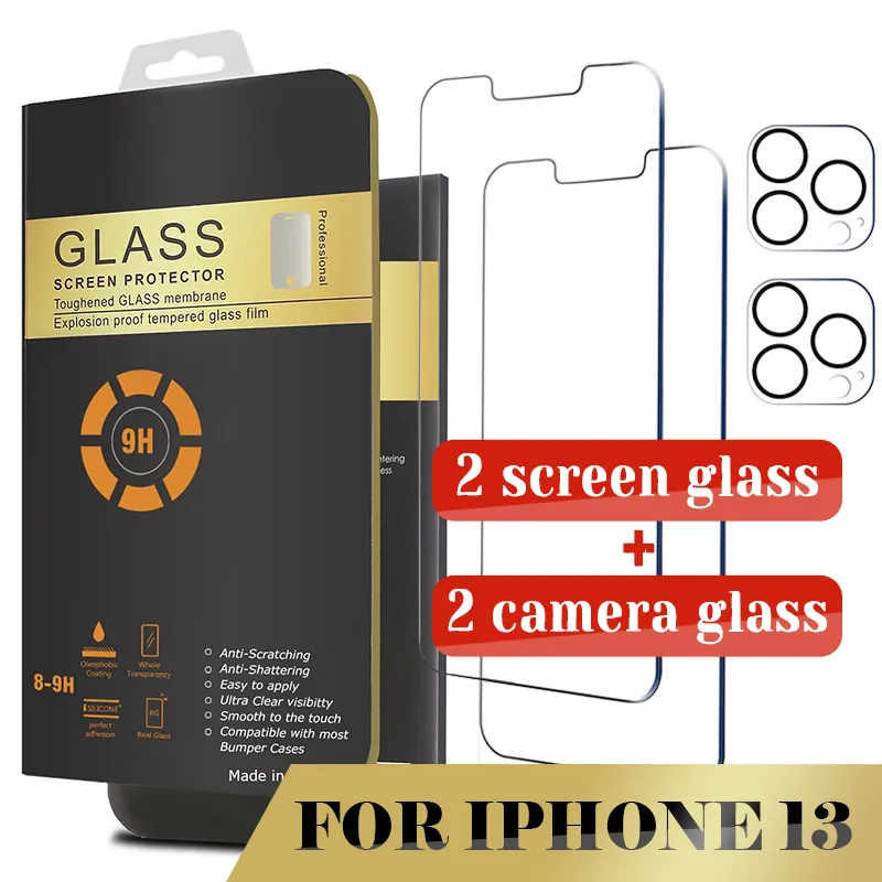 2 Pack -Bildschirmschutz und Kamera -Glas für iPhone 14 13 12 Pro Max 11 XR XS 8PLUS X Tempered Glas mit Box