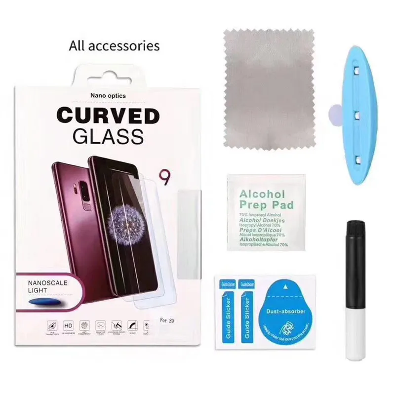 UV-Vollkleber-Sceen-Schutz für Samsung S21 S21U S20 Fe S10 Galaxy Note 20 S9 plus S8 S7 S6 Edge Tempered Glass Case Friendly mit Paket