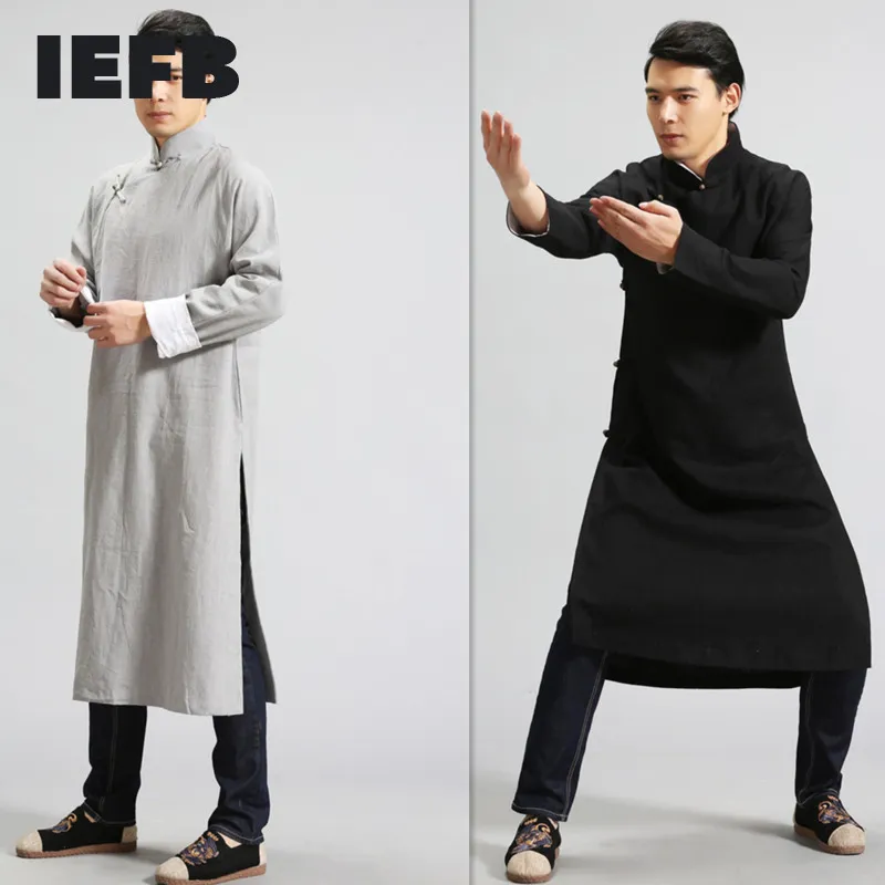 IEFB / Erkek Giyim Çin Tarzı Gevşek Rahat Pamuk Keten Siyah Siper Uzun Ceket erkek Çapraz Hırka Giysileri Erkek 9Y1231 210524