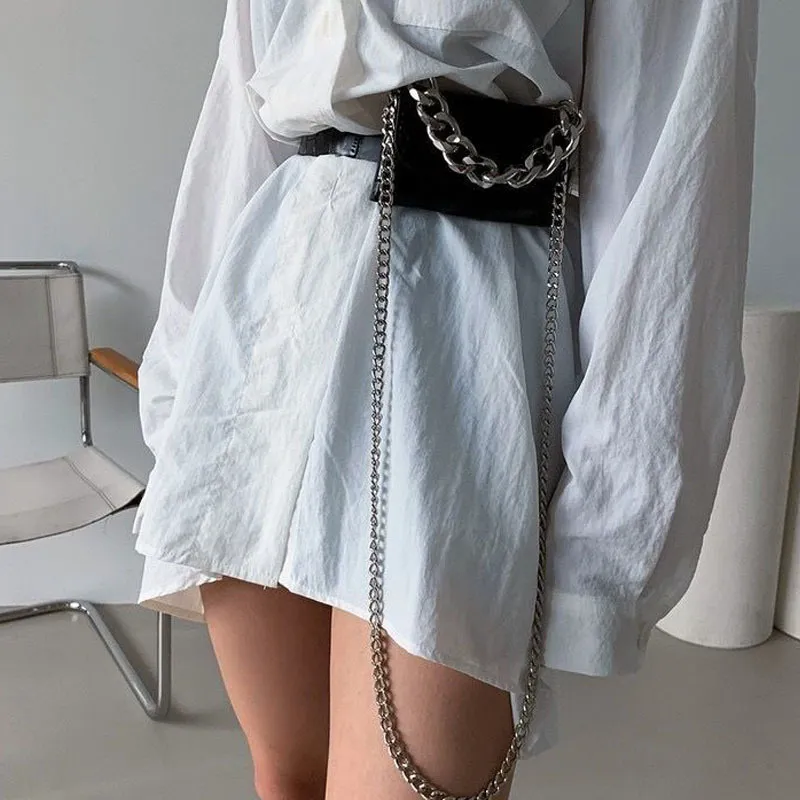 Fashion Mini Chains Waist Bags for Women Fanny Packs for Cool Girls Luxury Pu Leather Shoulder Crossbody Bag Belts Chest Purses 210506