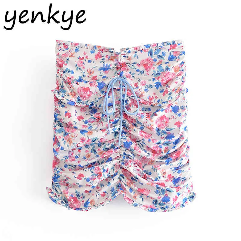 Sexy cordilheira drapeado impressão floral saia mulheres volta zipper cintura alta mini jupe femme verão férias bohemian 210430