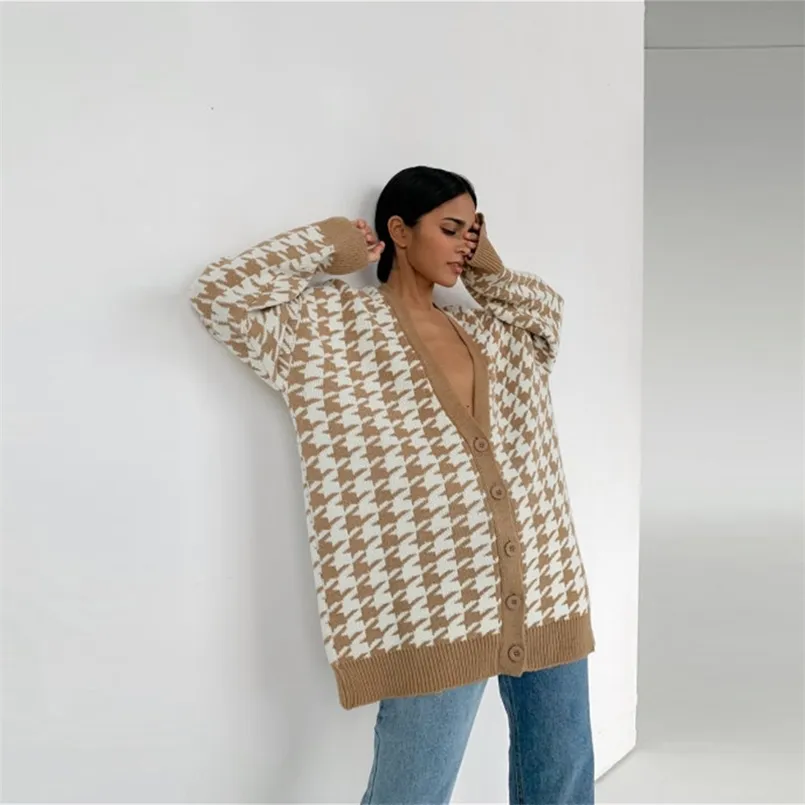 MUICHES Casual Geometric England Style Sweater Woman V-Neck Single Breasted Long Sleeve Cardigan A\W Date Office 210914