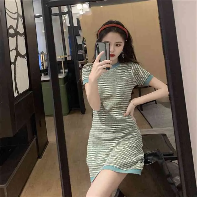 chic avocado green retro knitted plaid dress female summer style little man hyuna 210520