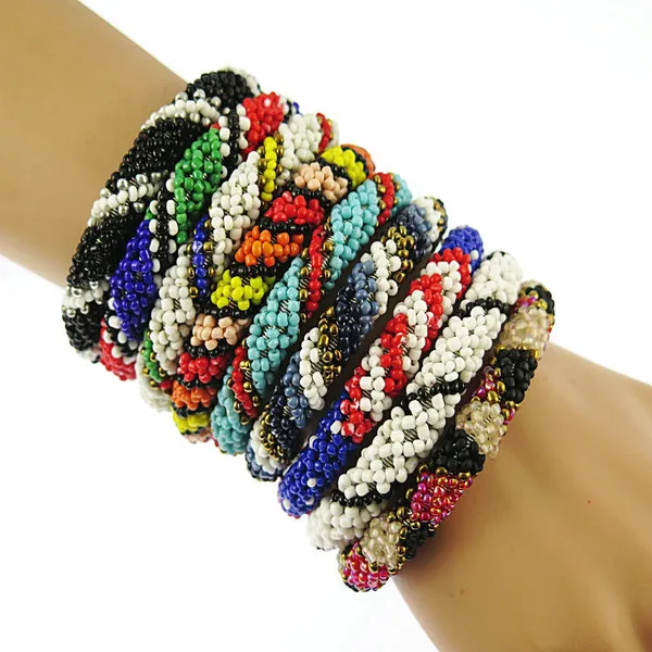 Handmade Blue Bead Bracelet Hippy Friendship Popular Roll Crochet Woven Seed Beads Red Stripes Pattern Bracelets for Women Q0719