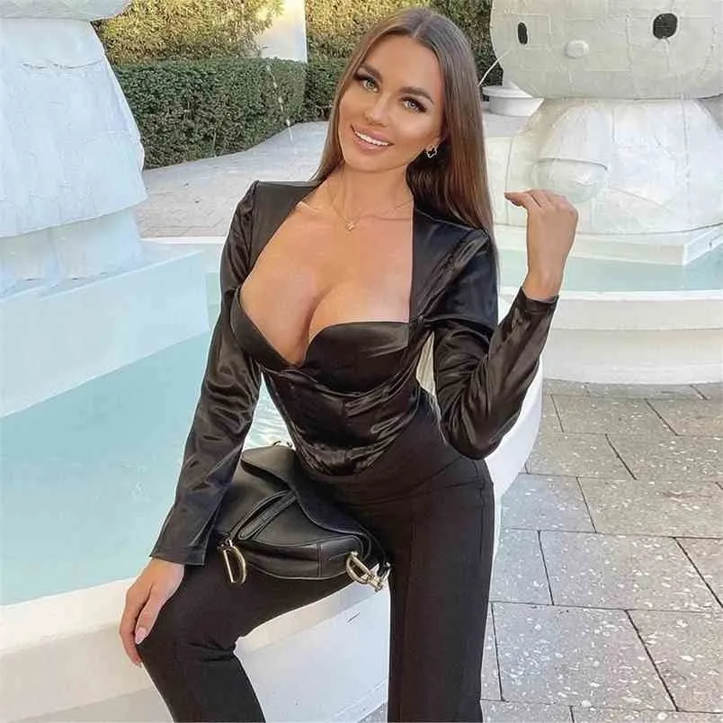 Summer Arrivals Elegant Long Sleeve Black Bodycon Jumpsuit Celebrity Designer Sexy V-neck Fashion 210525