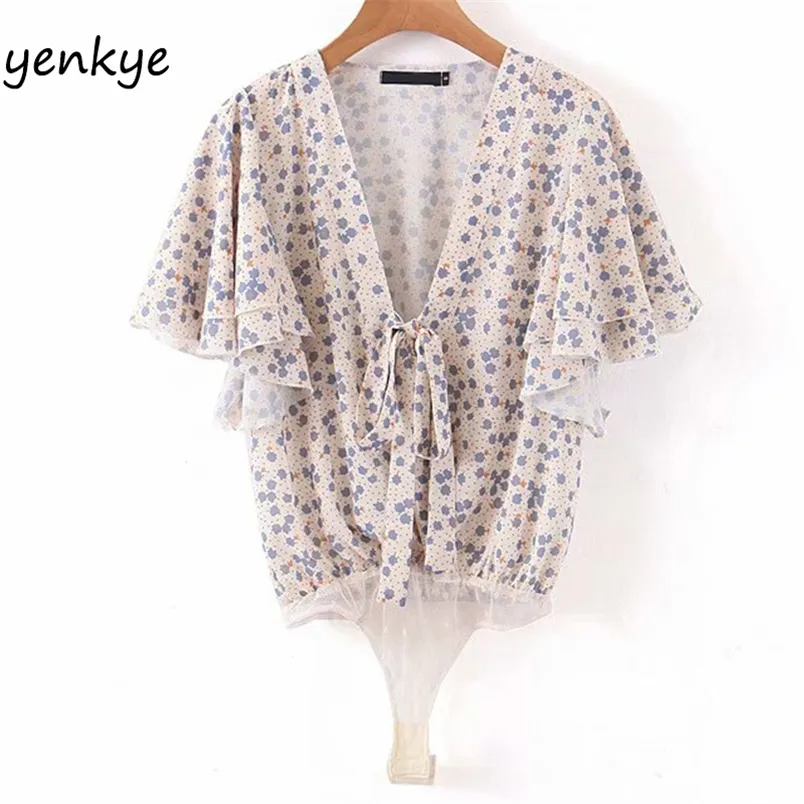 Floral Print Chiffon Bodysuit Women Butterfly Sleeve V Neck Summer Blouse Sexy Tops body mujer LJPZ9167 210514