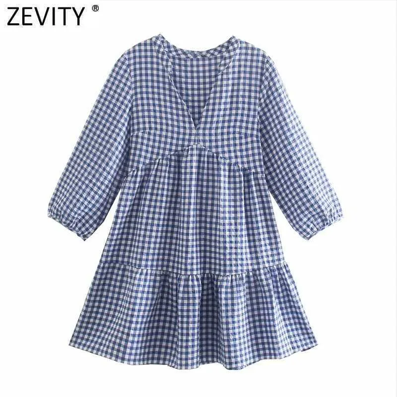 Zeefity Dames Vintage Plaid Print Plooien Casual Mini Dress Office Dame Chic V-hals Drie Kwart Mouw Kimono Vestido DS8202 210603