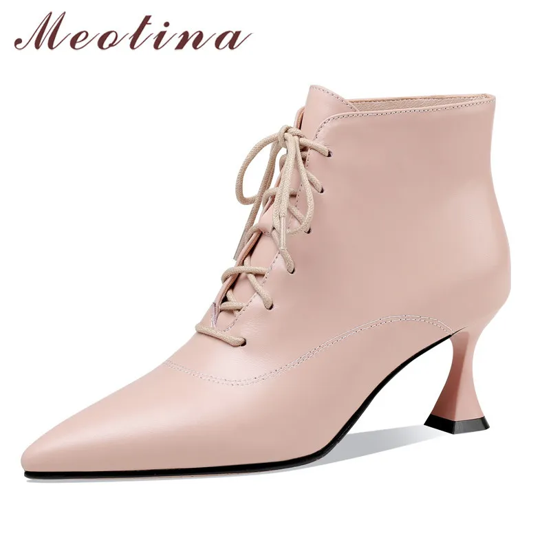 Meotina Real Leather High Heel Ankle Boots Women Shoes Pointed Toe Stiletto Heels Lace Up Lady Short Boots Autumn Winter Pink 40 210520