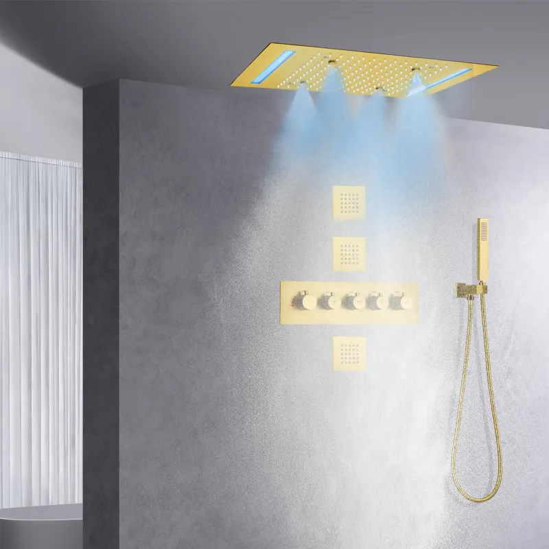 Set sistema doccia a pioggia a LED spazzolato Set 14 x 20 pollici Rettangolo montato a soffitto Bagno grande Rubinetto termostatico in ottone con pioggia atomizzata di lusso