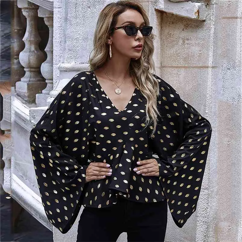 gold polka dot pelpum black vintage blouse tops women flare sleeve office ladies v neck casual 210427