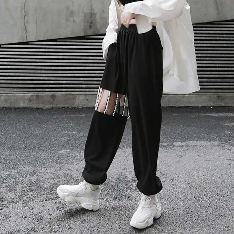 봄 검은 바지 캐주얼 느슨한 중공 밖으로 여성 스웨트 팬츠 모든 일치 한국 패션 디자인 여성 바지 13A222 210525