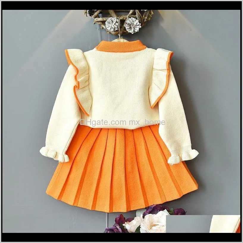 girls sweater short skirt suit spring baby bow knot long-sleeved top pleated skirt children`s fashion clothing 2-piece set