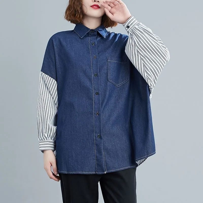 Surdimensionné femmes chemises décontractées nouveau automne Style coréen Vintage Patchwork rayé lâche femme coton Denim hauts S2393 210412