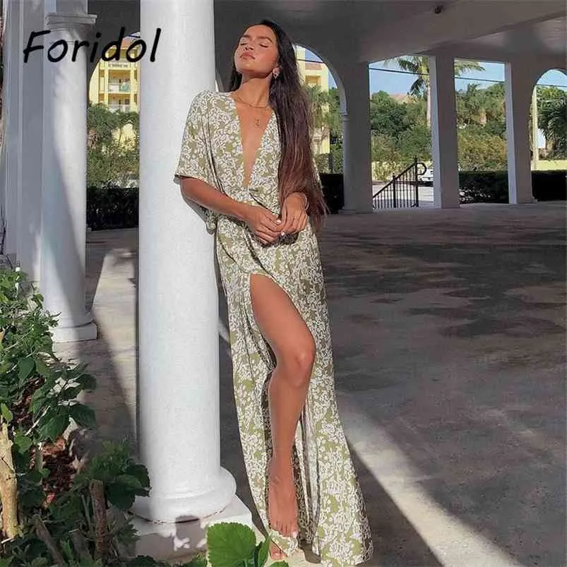 Głębokie V Neck Green Lato Sukienka Szata Kobiety Boho Długie Szczur Elegancki Plaża Kwiatowy Batwing Rękaw Vestido Midi Elegante 210427