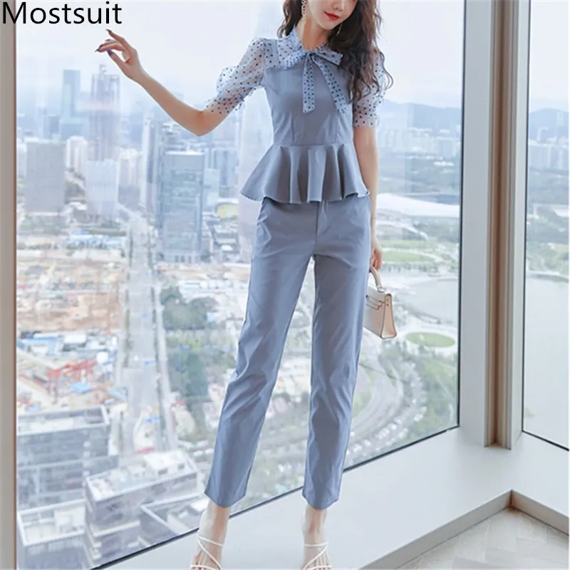 Zomer Elegant Office Twee Stuk Sets Dames DOT Gedrukt Korte Mouw Tuniek + Broek Past Workwear Ol Style Dames Set Femme 210518