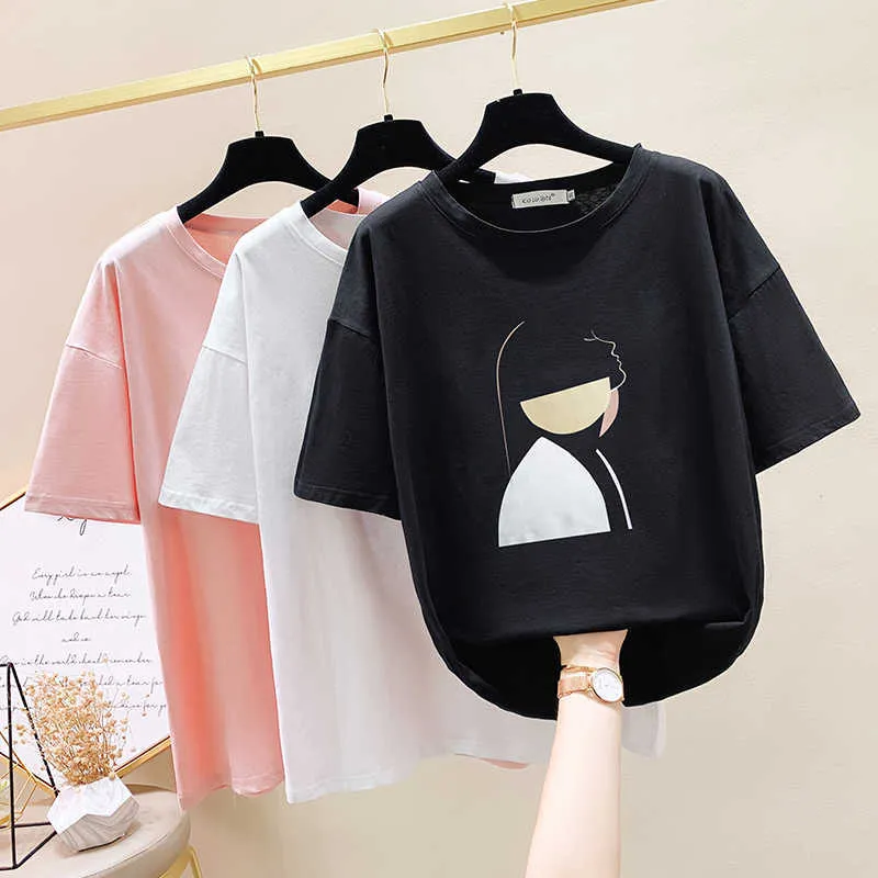 Été Crop Tops Harajuku T-shirt T-shirt court grande taille T-shirt Femme Coton À Manches Courtes T-shirt Femmes Vêtements 210604