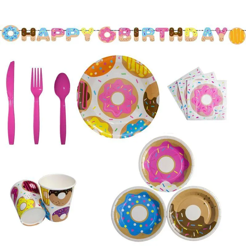 Одноразовый обеденный посуда пончик тема дня рождения украшения декорация детская посуда бумажные бумажные пластинки поставляют фестива