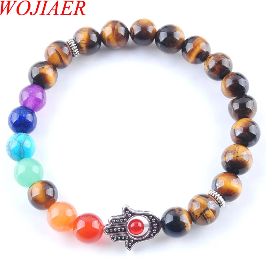 Wojiaer 8mm Tigres naturais Pedras oculares 7 chakras redonda pulseira de palmeira cura Mala Meditação Oração de Yoga Men Jóias K3252