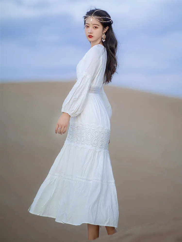 YOSIMI Vintage Bohemian Maxi Dress - Elegant organic cotton Dress and Linen Lace, V-neck, Long Sleeve for Autumn Women (210604)