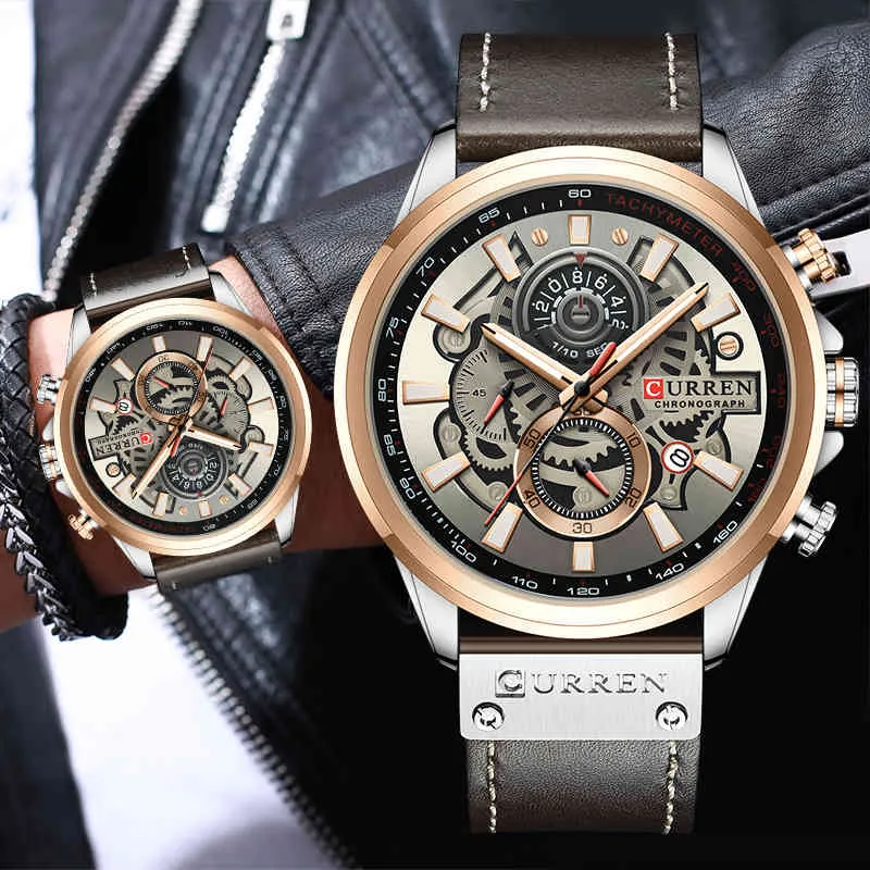 CURREN Fashion Chronograph Watch Men Leather Quartz Wristwatch Casual Sport Watches for Men Waterproof Clock Relogio Masculino 210517
