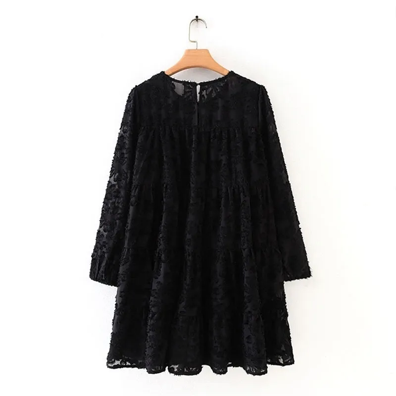 Vrouwen hoge straat textuur patroon zwart casual losse mini jurk herfst dames lantaarn mouw vestidos chique ruches jurken DS2950 210420