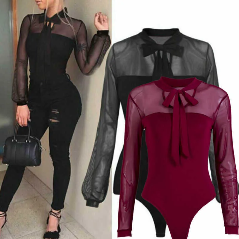 Kadın Yay Yaka Zarif Bodysuit Gömlek Üstleri Örgü Sheer Uzun Kollu Bodysuits Tulum Leotard Vücut Üst Ofis Bayanlar Giysileri Y0927