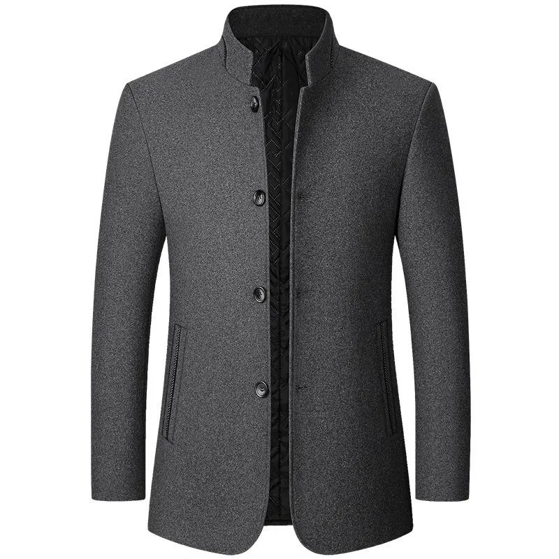 Mäns ullblandningar Woolen Blazer Jacket Coats Stand-up Collar Suit Chinese Style Slim Fit Male Casual Busines Cardigans Long Coat