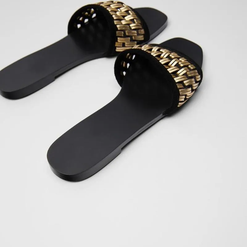 Schuhe Damen Hausschuhe Gold Sandalen Slipers Frauen 2021 Flache Rom Skandale PU Stoff Basic Slides TPR Weiblich