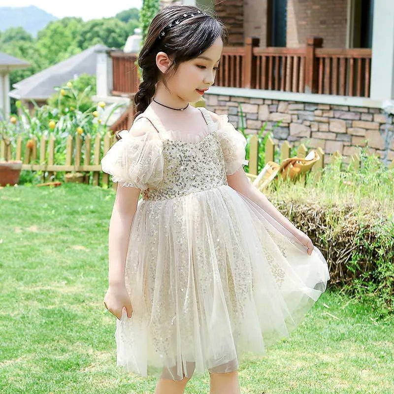 Parlak Kızlar Sequins Elbise Çocuklar Için Güzel Sparkle Omuzsuz Yaz Giysileri Prenses Parti Kıyafeti 210529