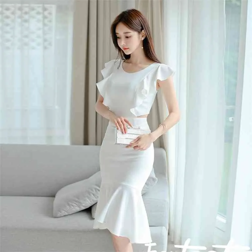Korean Sleeveless Ruffle Midi fishtail dress - Elegant Summer White Party fishtail dress for Women (210602)
